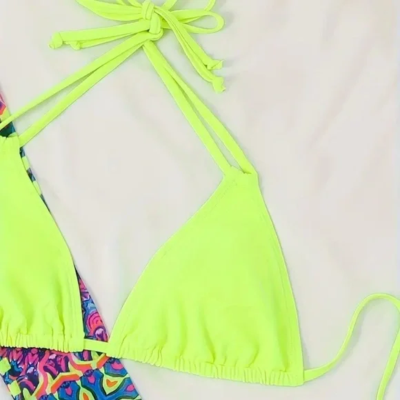 4pc Yellow Triangle Halter High Cut Bikini Set with Shrug & Drawstring Skirt - Picture 7 of 12